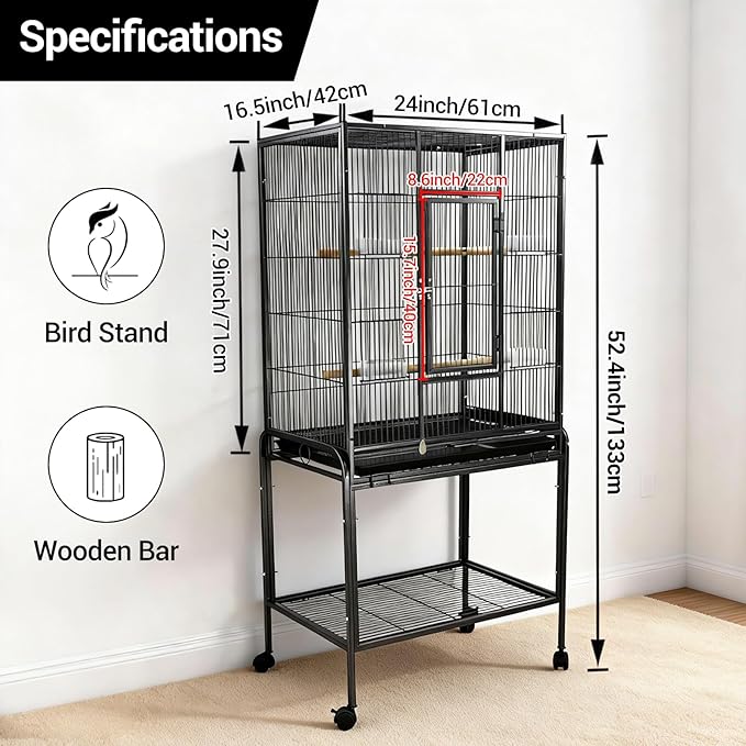 Bird Cage with Wheels, 53 Inch Bird Flight Cage, Wrought Iron Standing Large Parrot Parakeet Flight Birds Cages with Slide Out Tray Parrot Metal Parakeet Cages with Wooden Perches Black
