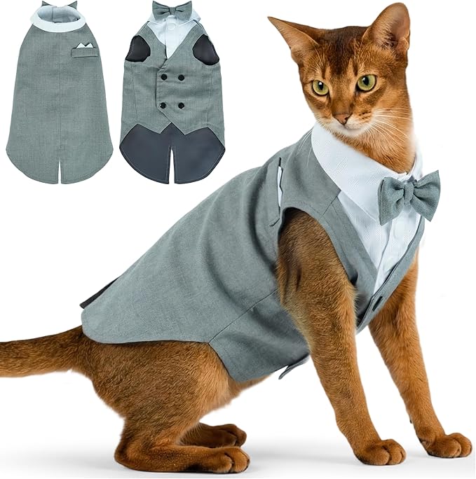 PUMYPOREITY Cat Tuxedo Suit Formal Wear with Bow Tie, Soft Skin-Friendly Cat Costumes for Cats Only, Elegant Outfit for Male Female Cats, Perfect for Wedding Birthday Photo Shoots, L, Grey
