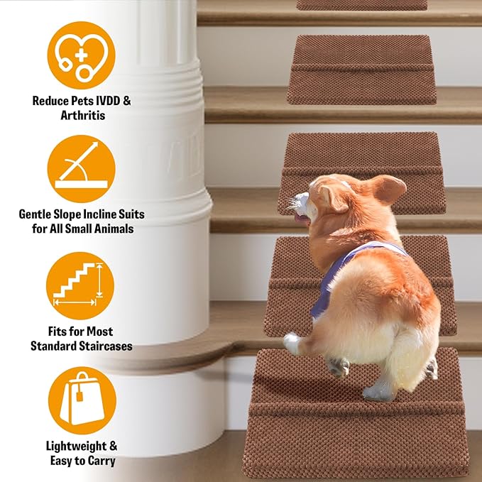 40D Density Foam Dog Ramp with Anti-Slip Bump for Stairs Suits for Small Dogs Cats, Pet Ramp Steps Stairs for Staircase Indoor with Self-Sticky Pads to Fix(6Pack, Brown)