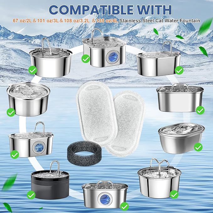 Cat Water Fountain Filter Replacement, 8 Pcs Pet Water Fountain Filters with 8 Pcs Sponges Foam for 67oz/2L & 108oz/3.2L Stainless Steel Automatic Cat Water Fountain Dispenser Filters
