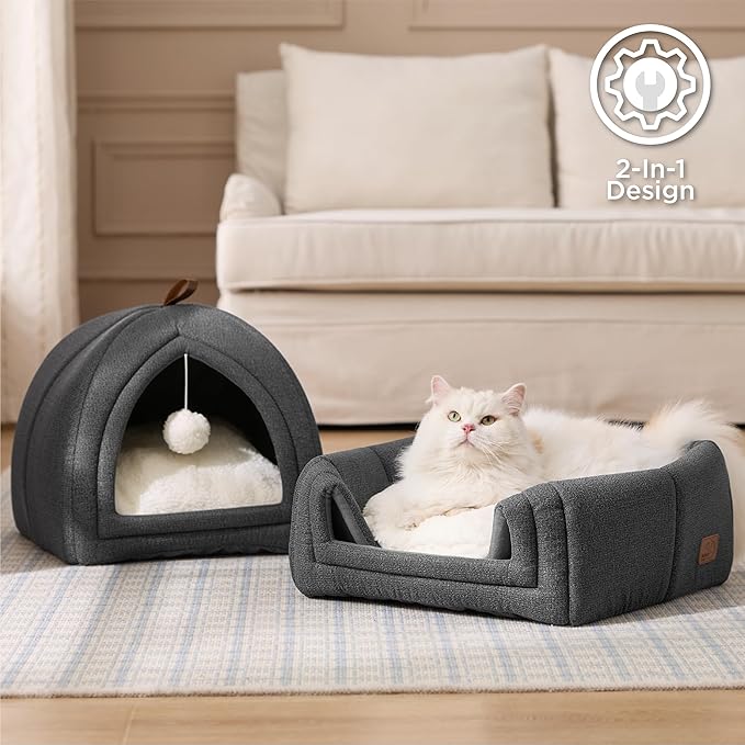 Bedsure Cat Beds for Indoor Cats - 2 in 1 Cat Cave House Tent for Kittens and Small Pets with Removable Washable Cushioned Pillow, Foldable Kitten Hideaway with Non-Slip Bottom, Dark Grey, 16 inches