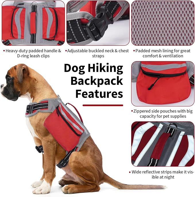 DENTRUN Dog Hiking Backpack, Hound Dog Saddlebag Backpack, Nylon Dog Harness Vest with Side Pockets Hiking Pack, Dog Backpack Hiking Walking Training Running for Medium & Large Dogs