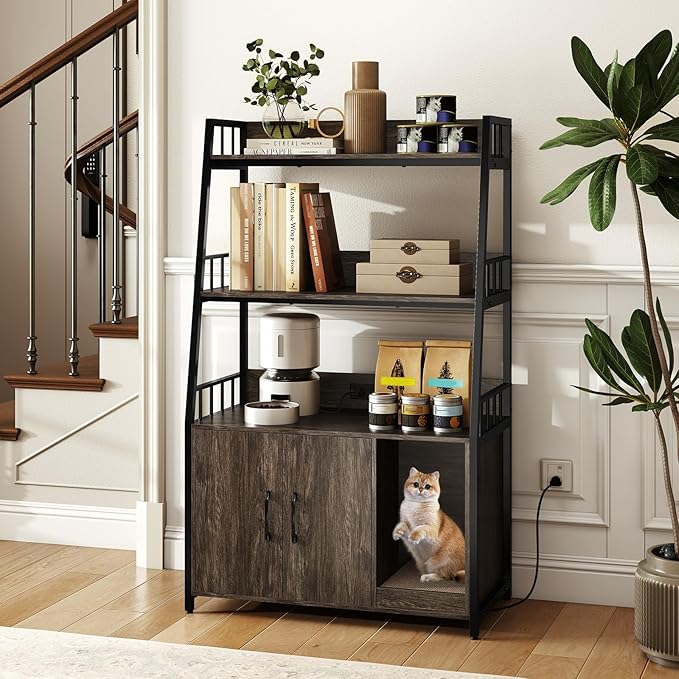 PETSITE Cat Litter Box Enclosure with Storage Shelves, 52 Inches Tall Hidden Litter Box with Charging Station, Scratching Board, and Winding Entry (Grey)