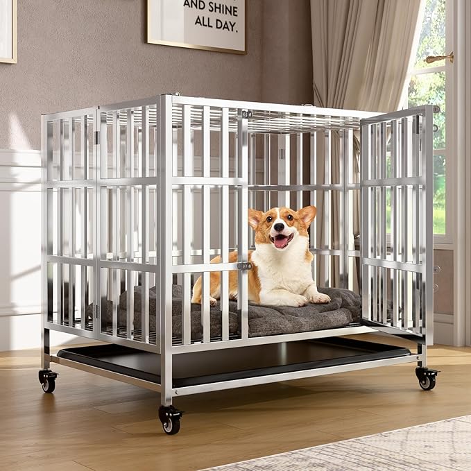 37" Heavy Duty Dog Crate, Escape Proof Stainless Steel Dog Kennel with Top Opening, 4 Lockable Wheels, Easy Clean Metal Dog Cage for Medium-Large/Anxious Dogs