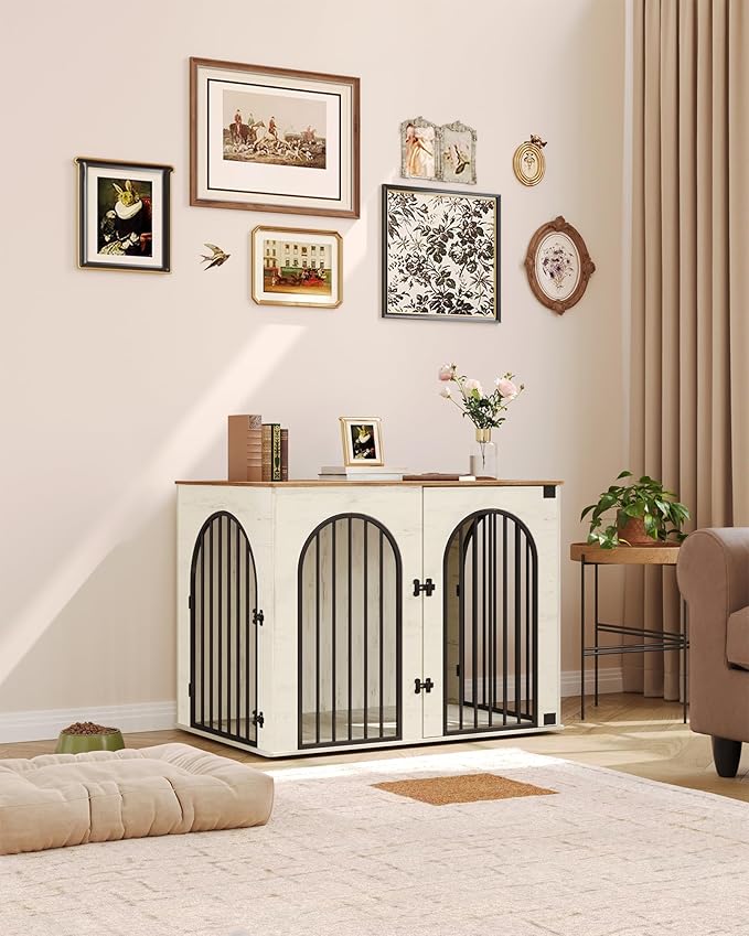 44.1" Wooden Dog Crate Furniture, Indoor Dog Kennel Dogs Cage for Small/Medium/Large Dogs, Heavy Duty Dog Crates Decorative Pet House End Side Table TV Stand, White Brown DFC83914B