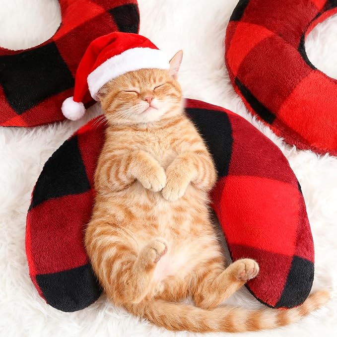 Sweetude 4 Pcs Pillows for Cats Puppy Bed Fluffy Pet Calming Soft Gifts Half Donut U Shaped Pet Neck Pillow Training Joint Relief Cervical Protection(Christmas Red Plaid,Medium)