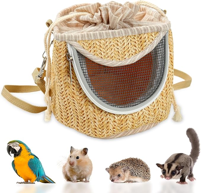 Bird Carrier Travel Backpack with Straw Woven - Portable Pet Backpack, Breathable Outer Cage, Travel Parrot Parakeet Cage Bag