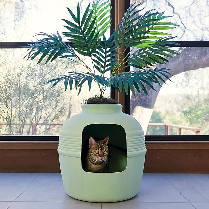 Good Pet Stuff Hidden Litter Box Planter, Decorative Cat Litter Enclosure with Carbon Filter, Artificial Plant, Easy Clean, Indoor Design, Original Round Style, Base Kit, Seagrass Green