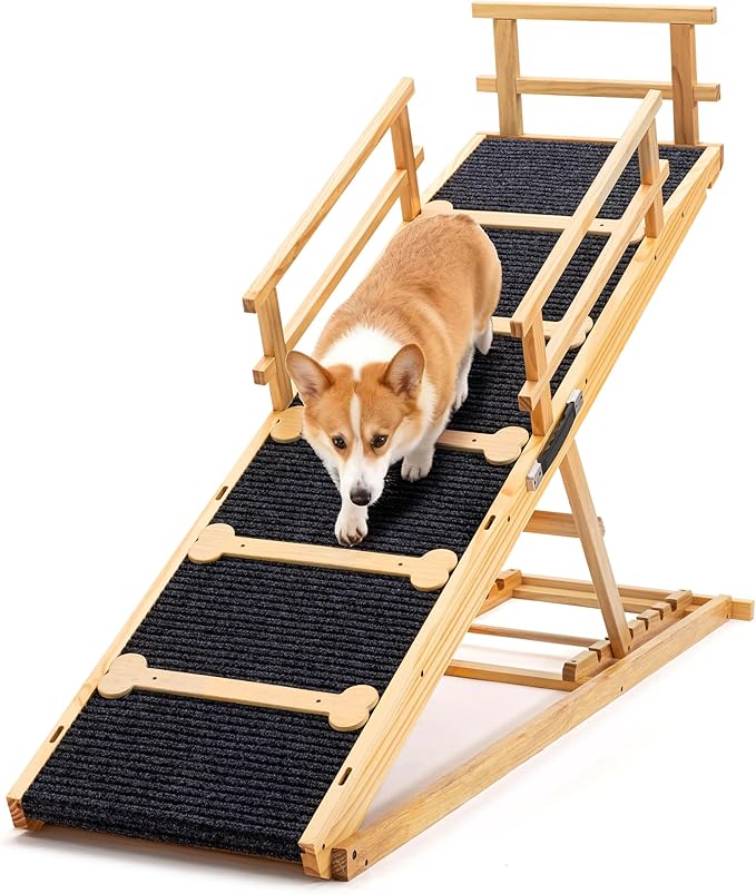 COSIEST Dog ramp for Bed and Couch, Wooden Pet Ramp Folding Portable for Couch and Bed, 64.5 Inch Long and Height Adjustable Dog ramp with Anti-Slip Grip & Safety Rails, Up to 200lbs, Wood