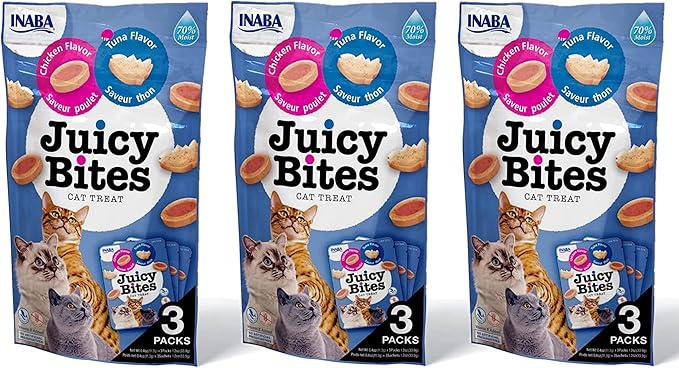 INABA Juicy Bites Grain-Free, Soft, Moist, Chewy Cat Treats with Vitamin E and Green Tea Extract, 0.4 Ounces per Pouch, 9 Pouches Total (3 per Bag), Tuna and Chicken Flavor
