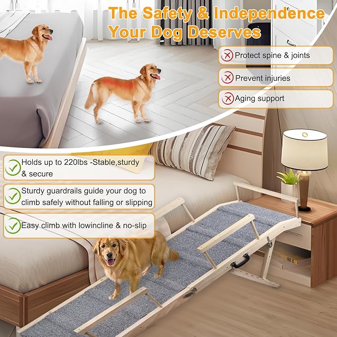 Dog Ramp for Bed, Couch & Car – Adjustable Foldable Pet Ramp, 64.17" Long, 17.72" Wide, Non-Slip Surface with Safety Rails, 8 Heights 20.08"-28.35", Supports 220 lbs, Solid Wood (Gray, 17.72)