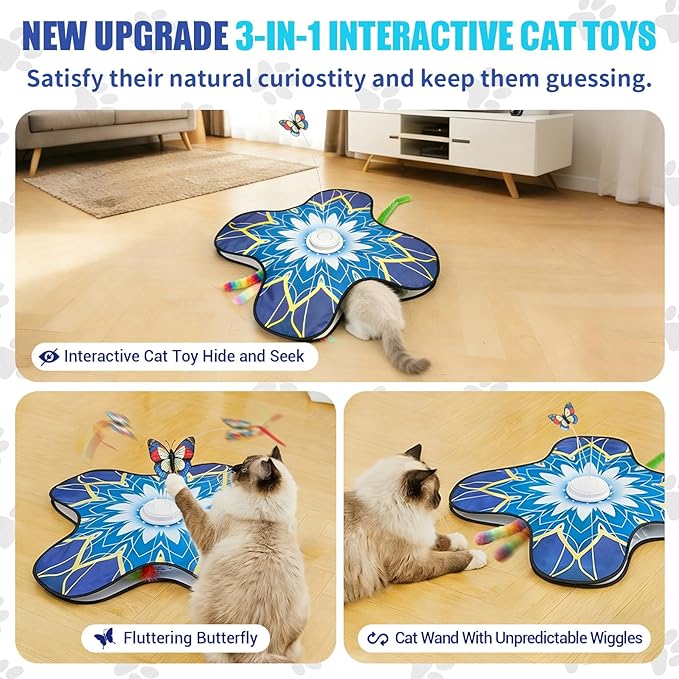 Interactive Cat Toy for Indoor Cats, Touch Activated Automatic Electronic Cat Toy with Sound On/Off, Dual Wands, Non-Slip Suction Cups, Rechargeable Hide and Seek Cat Play Mat for Bored Adult Kittens