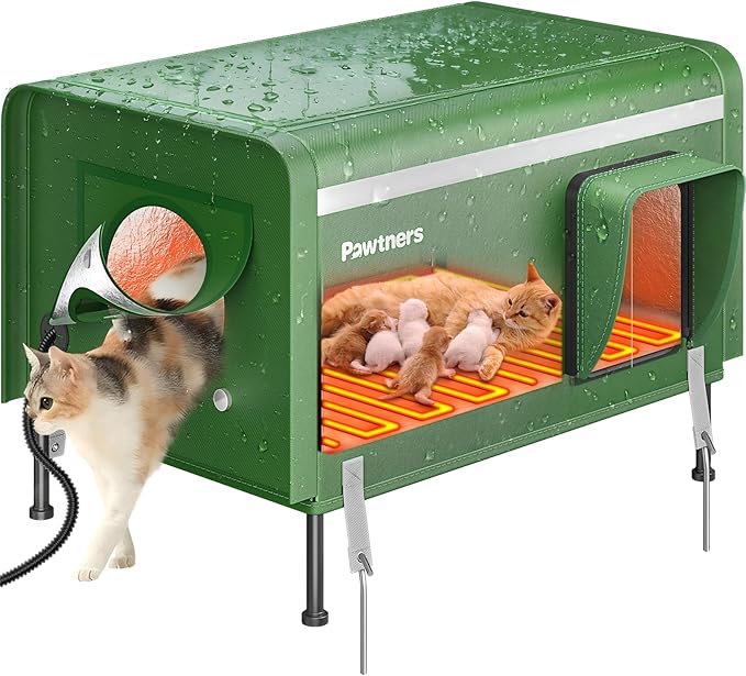 Pawtners Heated Outdoor Cat House for Outside Cats, 26'' XL Insulated Weatherproof Cat Shelter with Heated Pad, Elevated Feet & Escape Door, Warm Kitty House for Feral or Stray Cats in Winter