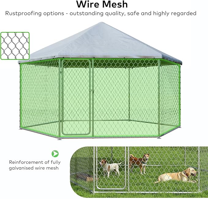 9x9 FT Large Outdoor Dog Kennel Outside with Heavy-Duty Steel Frame, Waterproof UV-Resistant Cover, Secure Lock, and Hexagonal Wire Fence