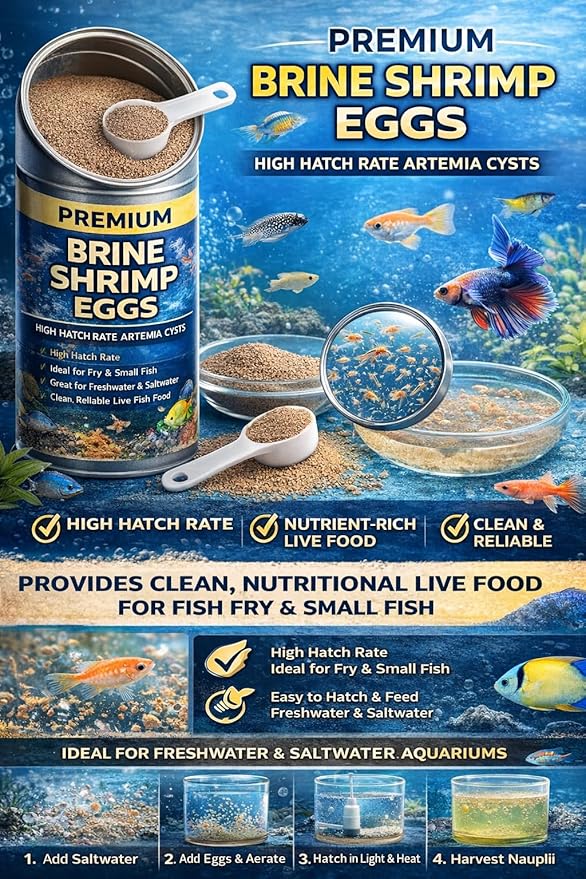 Premium Brine Shrimp Eggs – High Hatch Rate Artemia Cysts for Fish Fry, Reef & Aquarium Fish – Clean, Reliable Live Fish Food (0.7oz)