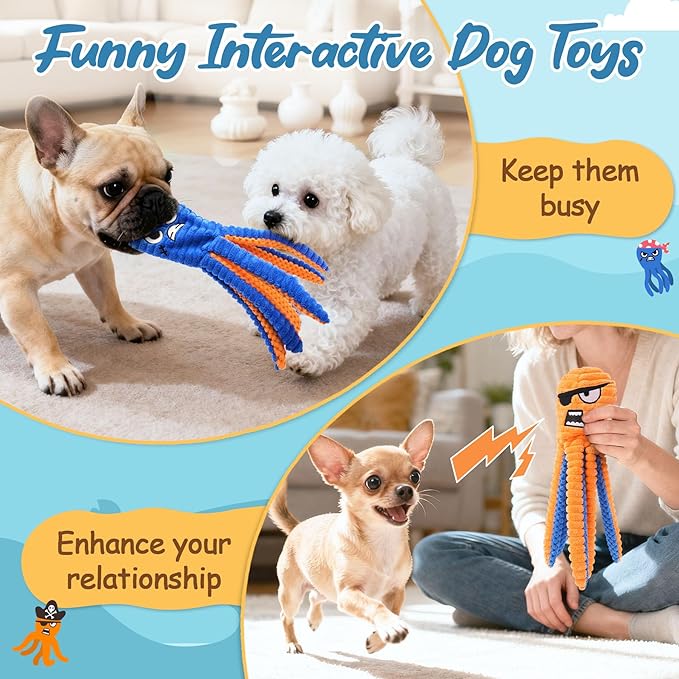 Zeaxuie Interactive Dog Toys, 2 Pack No Stuffing Dog Toys for Teething, Squeaky Chew Toy to Keep Them Busy for Small and Medium Breed, Crinkle Octopus