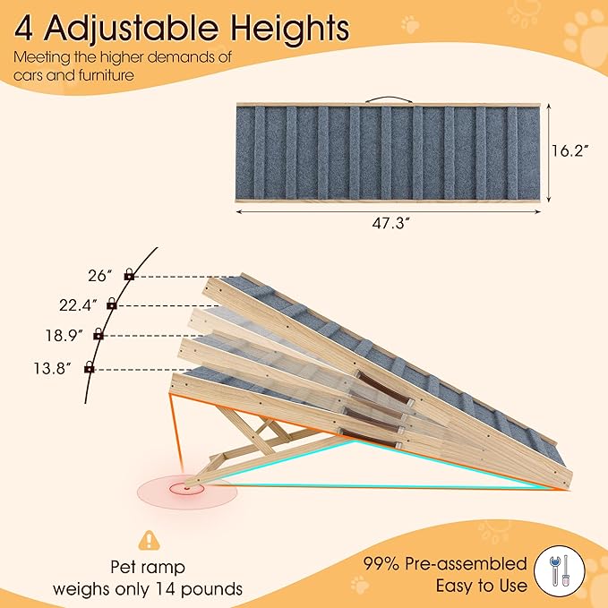 Dog Ramp for Bed, 47.3" Long Wooden Pet Ramp for Small & Large Dogs, 4 Adjustable Heights 13.8" to 26" with Anti-Slip Carpet & Carrying Handle Holds, Portable Dog ramps for Car, Bed, Couch, Outdoor