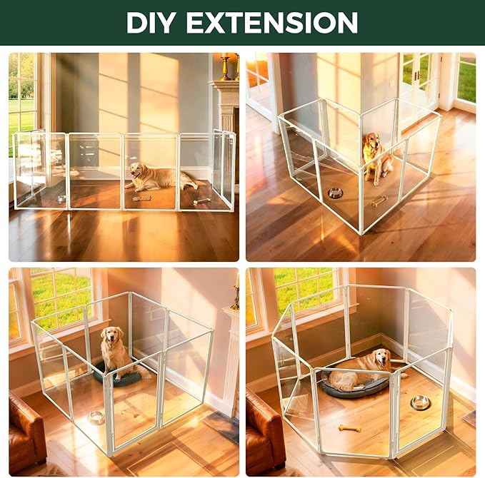 FXW AuraSpace Pro Metal & Acrylic Indoor Dog Playpen, All-Acrylic Clear Heavy-Duty Design, 40" Height 8 Panels for Medium and Large Dogs, White│Patented