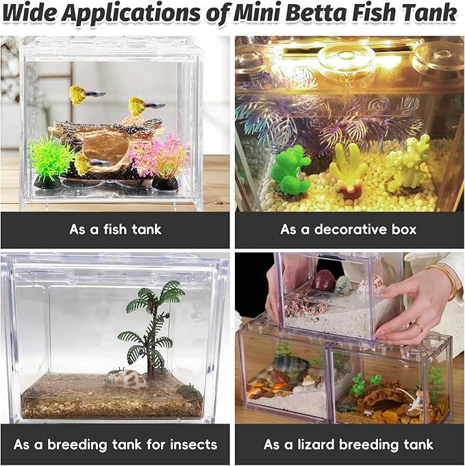 PINVNBY Mini Betta Fish Tank Kit Stackable Small Aquarium Kit 0.6 Gallon Fighting Fish Tank Set with 2Pcs Artificial Plants and Decorations Cave for Small Fish Shrimp Crab Snails Turtle as Decoration