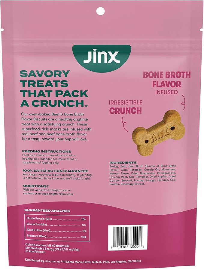 Jinx Oven-Baked Beef Bone Broth Biscuit Treats, Crunchy, All Natural, Superfood-Rich with Real Beef, Pumpkin & Blueberries, 16oz, 4 Pack