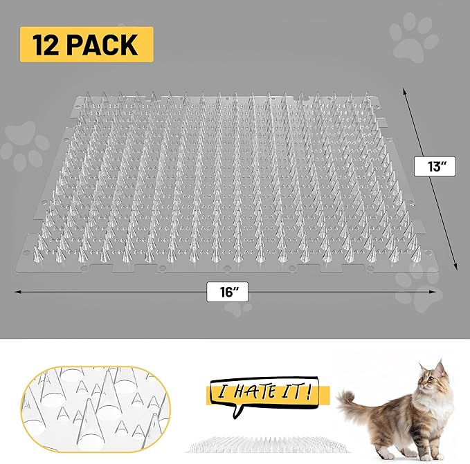 Scat Mat for Cats 16 x 13 Inch, 12 Pack Cat Deterrent Mat Outdoor Indoor, Cat Spikes with 50 Stickers