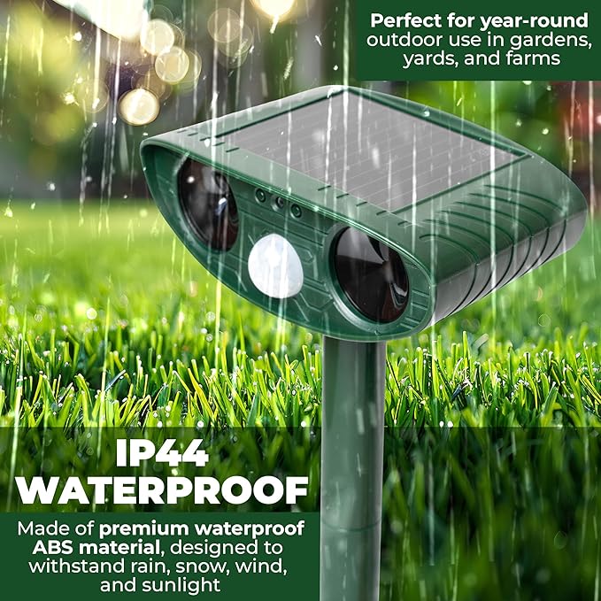 Upgraded Solar Ultrasonic Animal Repellent Outdoor (Pack 2pcs) - Cat Repellent Outdoor, Squirrel, Deer, Raccoon, Pest Repeller - Keep Skunk Away Motion Detection with Flash Light for Yard Garden Lawn