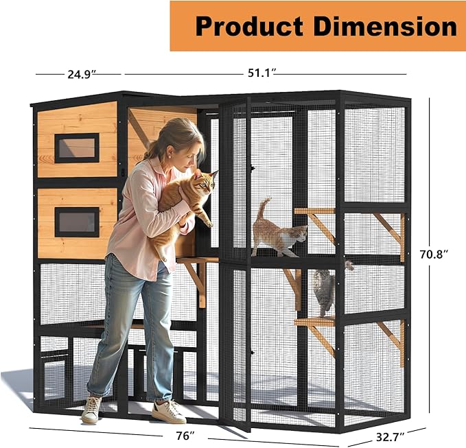 Large Indoor Cat Catio, 4 Tier Outdoor Cat Enclosures House for Cats with Waterroof Roof, 3 Resting Rooms, 3 Platforms, Cats Catio Connect to Window with 2 Large Door, Feral Pet Shelter, Black