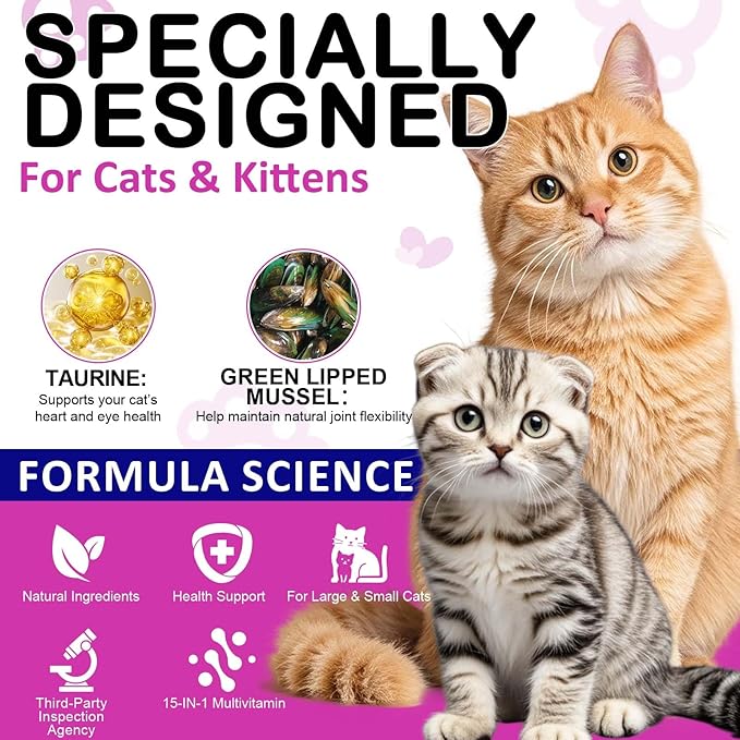 Cat Grass Treats for Cats & Kittens, 15-in-1 Multivitamin Crunchy & Creamy Chews with Omega 3, Lysine & Probiotics for Immune Health, Joint Support, Skin & Coat Care and Digestion Aid, Chicken Flavor