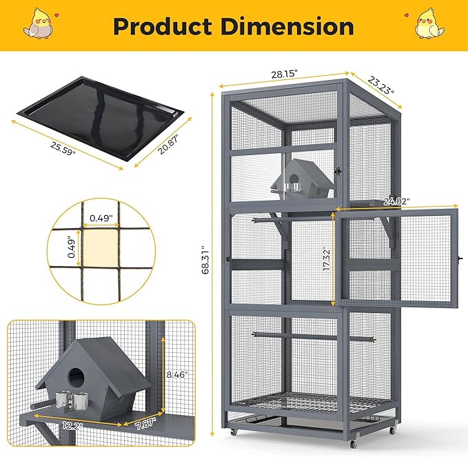 COZIWOW Large Bird Cage Wooden Outdoor Bird Aviary,Indoor Parakeet Cage on Wheels,Parrot Cage with Perch,Nest House,Removable Wire Netting Slide Pull Out Tray for Small Medium Finches