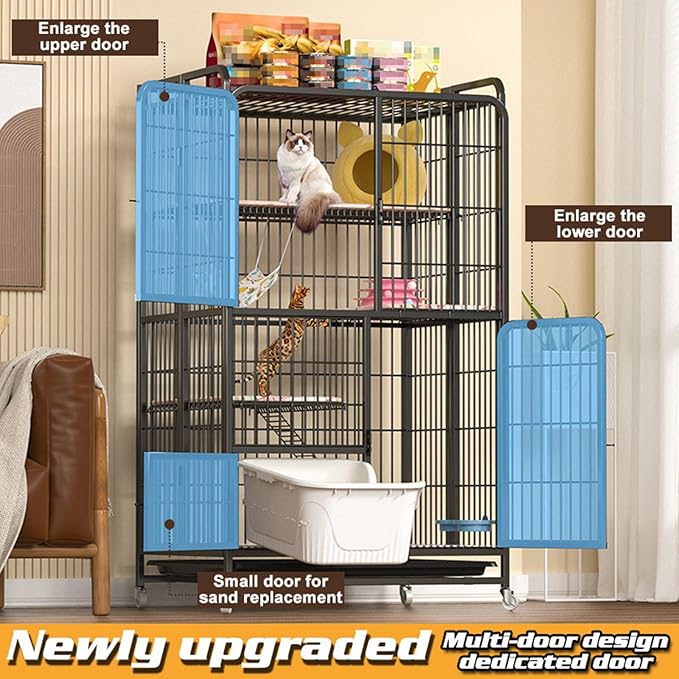 Multi-Tier Collapsible Cat Cage Crate, cat playpen for Indoor with 360° Wheels, Metal Wire Cat Kennel with Secure Lock, Large Ferret Playpen for Adult Cats Kitten Chinchilla (Black 4-Tier)
