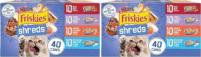 Friskies Purina Wet Cat Food Variety, Shreds with Beef, Turkey & Cheese, Chicken & Salmon Dinner, and with Ocean Whitefish & Tuna, 5.5 oz. Cans (Pack of 80)