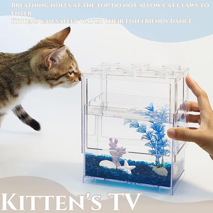 Small Betta Fish Tank, Mini Fish Tank Aquarium Tank Kit with Blue Gravel & Resin Decorations, 0.6 Gallon Stackable Fish Bowl Tiny Desktop Aquarium for Sea Monkey Shrimp
