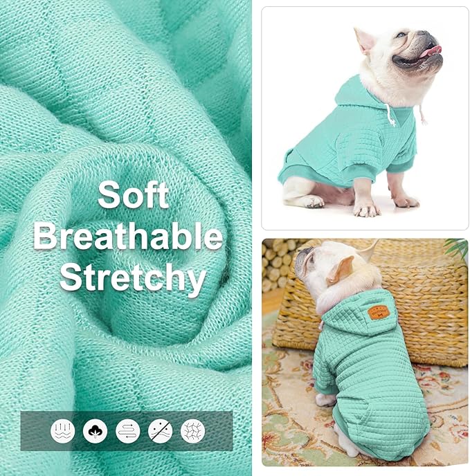BEAUTYZOO Small Dog Hoodie Sweater with Pockets, Dog Clothes for Small Medium Dogs Boy Girl, Waffle-Like Laminated Cotton Pet Coats with Hat and Leash Hole, Mint Green SM