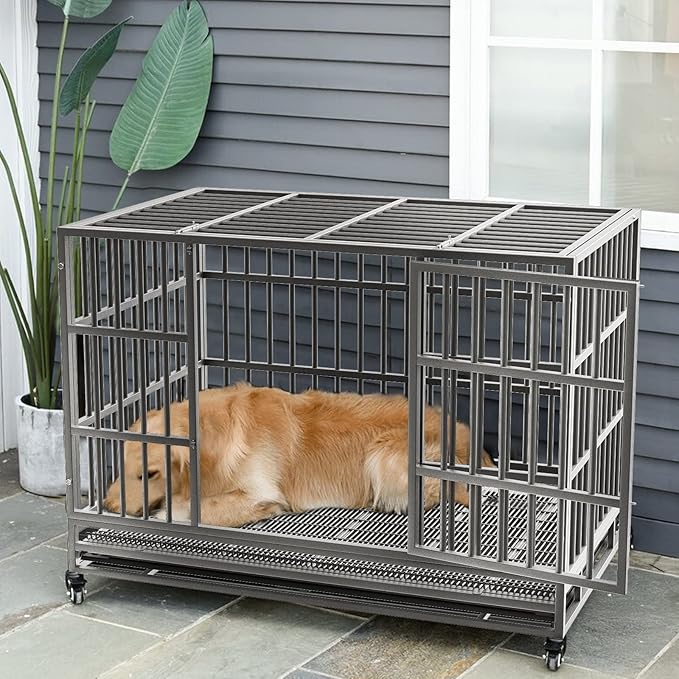 LEMBERI 38 inch Heavy Duty Indestructible Dog Crate, Escape Proof Dog Cage Kennel with Lockable Wheels,High Anxiety Double Door Dog Crate,Extra Large Crate Indoor for Large Dog with Removable Tray