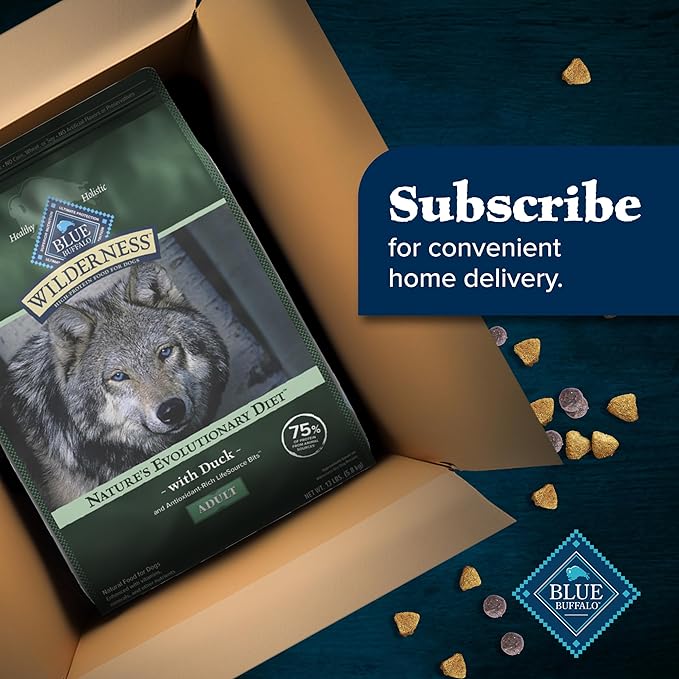 Blue Buffalo Wilderness Natural High-Protein Dry Food for Adult Dogs, with Wholesome Grains, Duck, 24-lb Bag.