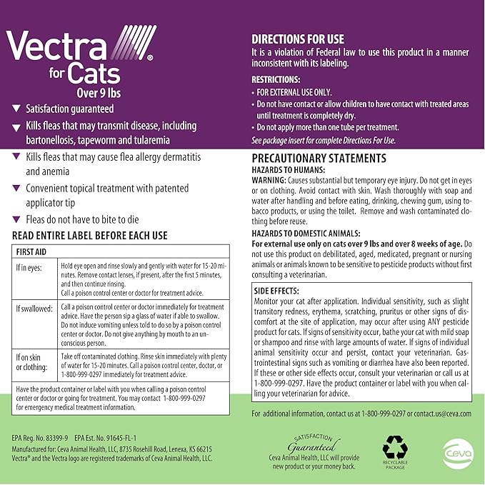 Vectra for Cats Flea Treatment & Prevention for Large Cats (Over 9 lbs.) 6-Month Supply