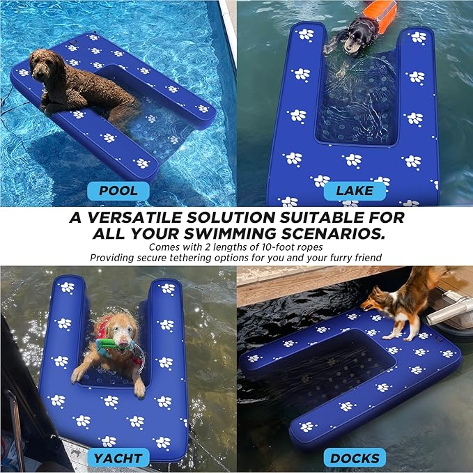 Inflatable Dock Platform, Dog Boat Ramp Floating Non-Slip Oxford and PVC with Water Ramp for Dogs Pool, Dock, Lake,Boat, with Traction Rope, Inflation Pump Blue (4.6ft x 3ft x 6in) Dark Blue