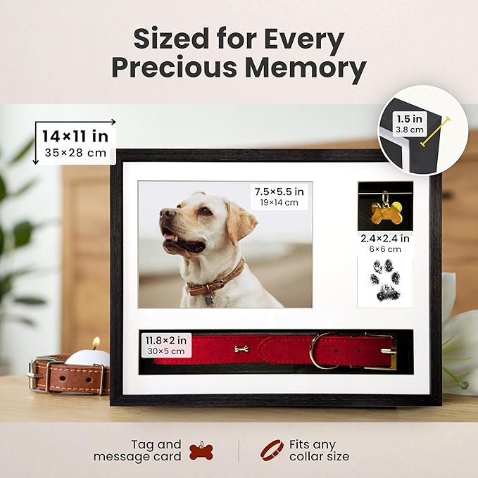 Dog Memorial Frame Shadow Box | Meaningful Pet Memorial Gifts for Dogs | Dog Bereavement Gifts with Unique Tag Slider, Fits All Collars & Hidden Compartment | Black 11x14 in