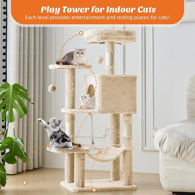 DUMOS Small 44 Inch Cat Tree Tower, Cat Climbing Tower with Natural Sisal Scratching Posts, Hammock, Pet Condo for Indoor Cats and Kittens Play, Beige