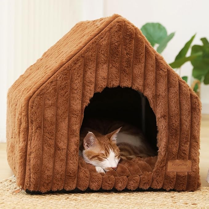 FUKUMARU Cat Houses for Indoor Cats, Washable Cute Cat Bed Cave with Removable Pillow, Large Semi-Enclosed Cozy Dog House Indoor, Soft Faux Rabbit Fur Kitten Bed, 17.5-Inch Durable Cat Hideaway, Brown