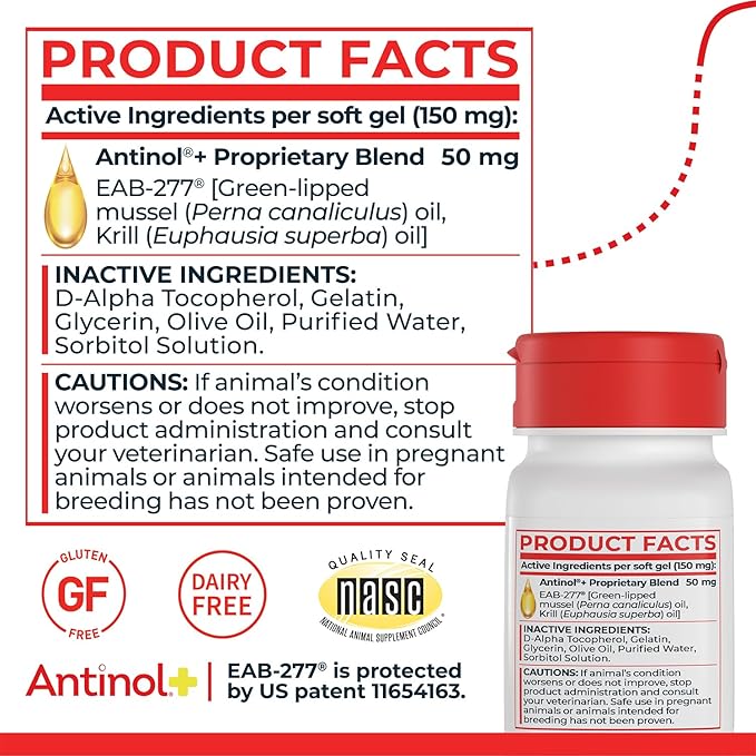 Antinol Plus, Mobility, Hip, and Joint Supplement for Dogs, Green-Lipped Mussels and Krill Oil - Dog Joint Supplement, Better and Faster Than Glucosamine and Chondroitin, 150 Soft Gels