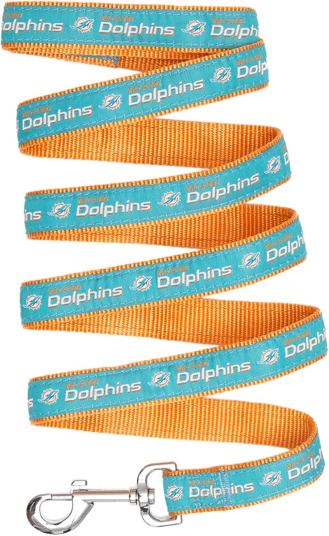 Pets First NFL Licensed Miami Dolphins 𝙿et Leash, Size Large – Durable Satin Dog & Cat Walking Strap and Pet Tether with Embroidered Team Name & Logo