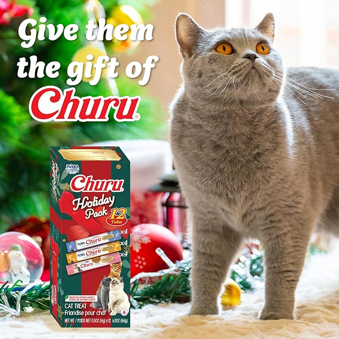 INABA Churu Cat Treats, Lickable, Squeezable Creamy Purée Cat Treat with Taurine & Green Tea Extract, 0.5oz Each Tube, 12 Tubes, Churu Spoon Holiday Variety Pack