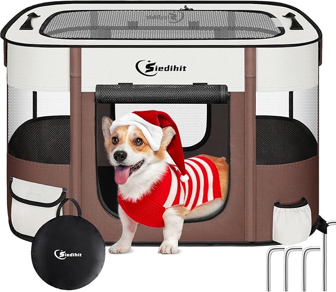 Dog Playpen,Cat Pet Puppy Pen,Portable Playpens for Dogs Indoor Outdoor Travel Camping Use,Foldable Dog Kennel Tent Crate for Rabbit Small Animals with Carrying Case (Brown, Medium)