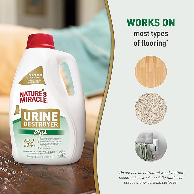 Nature's Miracle Urine Destroyer Plus for Cats, Unscented, Enzymatic Formula for Severe Cat Urine Stains, 1 Gal