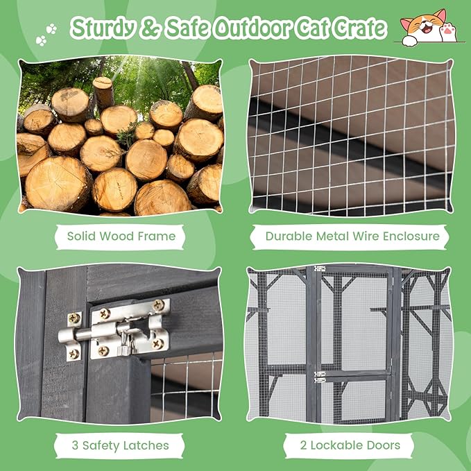 Tangkula Catio Outdoor Cat Enclosure Large, 71 Inch Outdoor Cat House Weatherproof with Asphalt Roof, Wooden Cat Cage Playpen with 7 Jumping Platforms & 2 Resting Boxes, Walk-in Cat Kennel Condo