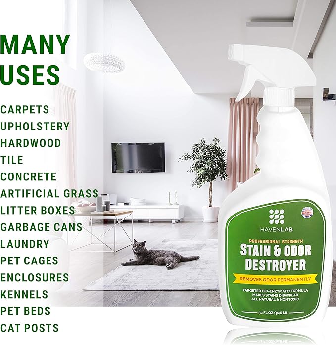 Stain & Odor Destroyer-Dog & Cat Enzymatic Pee Eliminator-Carpet, Rug, Floor, Furniture-Smell Remover for Pet Urine, Feces, Vomit and Organic Spills-Concentrated Formula-32 Oz!!