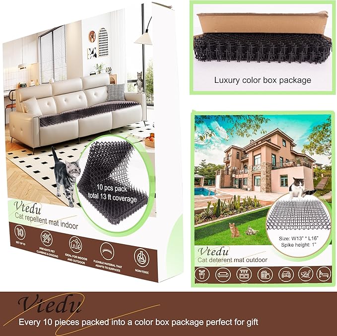 Cat Deterrent Mat 10 pcs Set, Plastic Grid Design Cat Repellent Mat 10 pcs Luxury Color Box Packaged, Anti Cat Mat, Anti Dog Scratch Mat with 1" Spike 13ft Coverage Cat Barrier