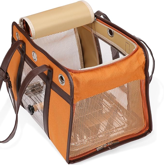 Sanmoncare Stylish Bird Carrier with PU Leather Handle, Portable Parrot Travel Bag for Cockatiels & Conures, Lightweight Bird Cage with Stainless Steel Tray & Side Door for Easy Cleaning, Brown