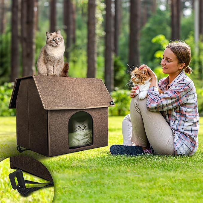 MIU COLOR Outdoor Cat House, Upgraded Large Weatherproof Cat Houses for Outdoor Cats, Insulated Feral Cat Shelter with Removable Soft Mat, Easy to Assemble,17.1" x 15" x 16.6", Brown